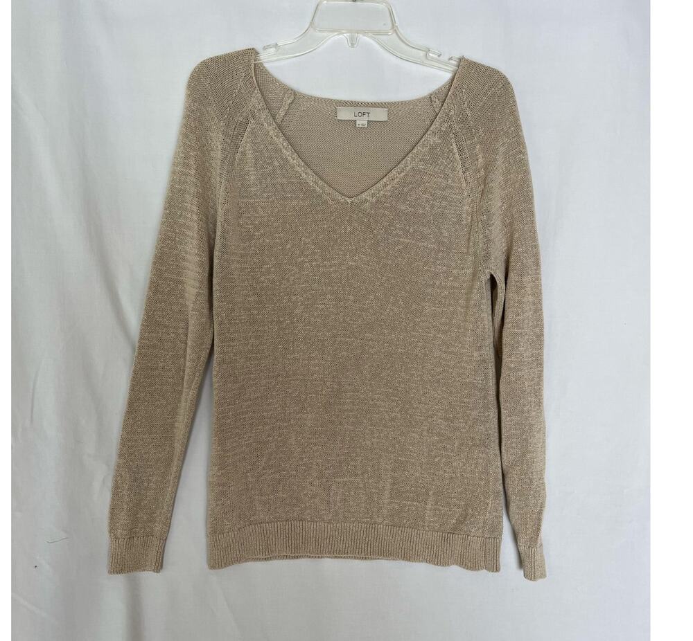 LOFT Women's V-Neck Pullover Sweater Medium Beige Long Sleeve Knit